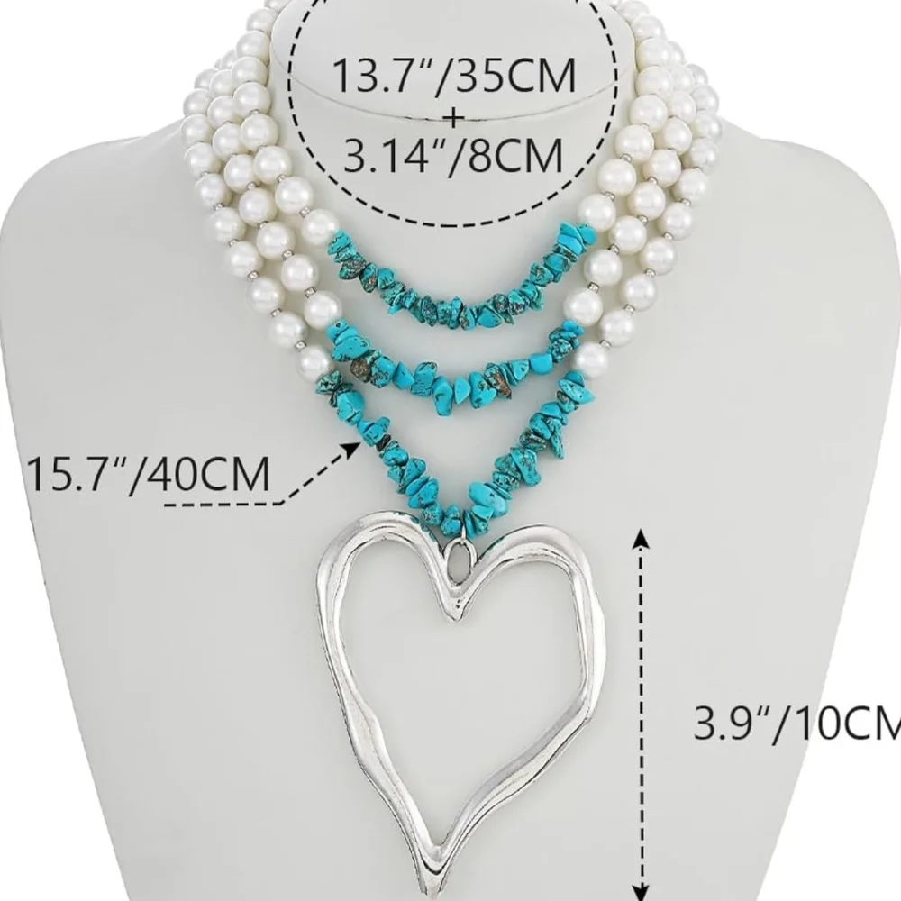 Heart Necklace Gold Pendant Turquoise and Pearl Strands - Picture 6 of 15